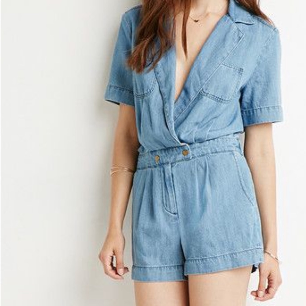 ANTHROPOLOGIE Life in Progress Short‎ Sleeve Chambray Denim Romper Sz XS